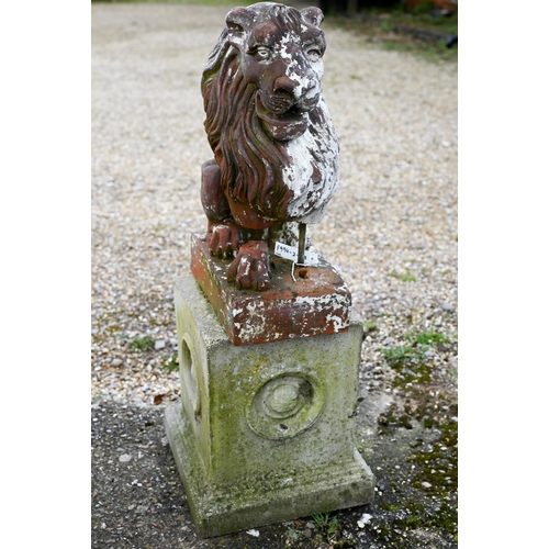 894 - A Victorian terracotta seated lion by Tamar & Coalville Ltd, on rectangular base, 55 cm h, heavi... 