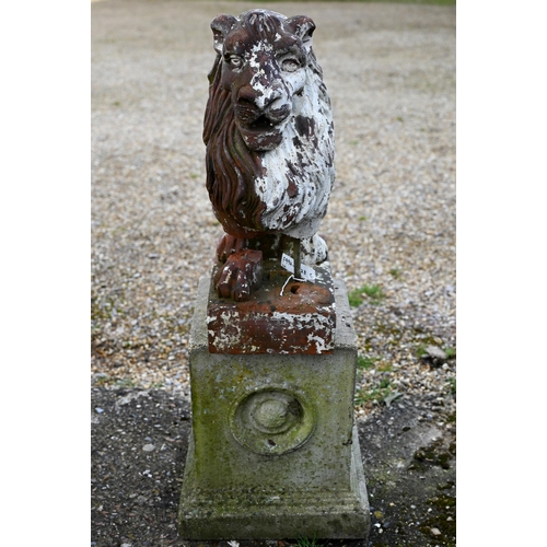 894 - A Victorian terracotta seated lion by Tamar & Coalville Ltd, on rectangular base, 55 cm h, heavi... 