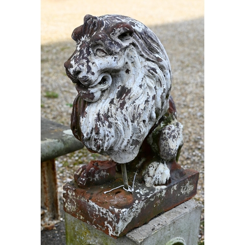 894 - A Victorian terracotta seated lion by Tamar & Coalville Ltd, on rectangular base, 55 cm h, heavi... 