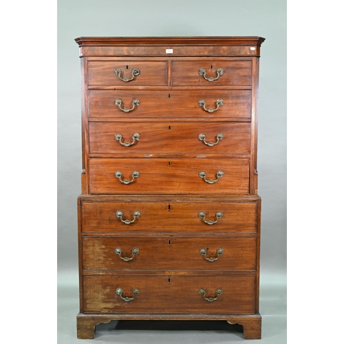 903 - An associated two part George III mahogany chest on chest, the upper chest with canted pilasters, tw... 