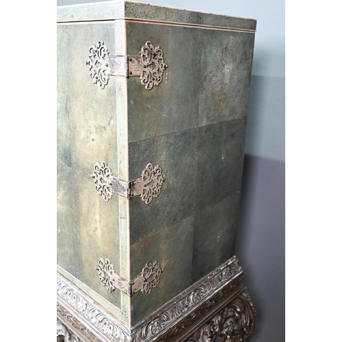 904 - A good Art Deco period ivory banded shagreen cocktail cabinet, with ornate engraved silver plated fi... 