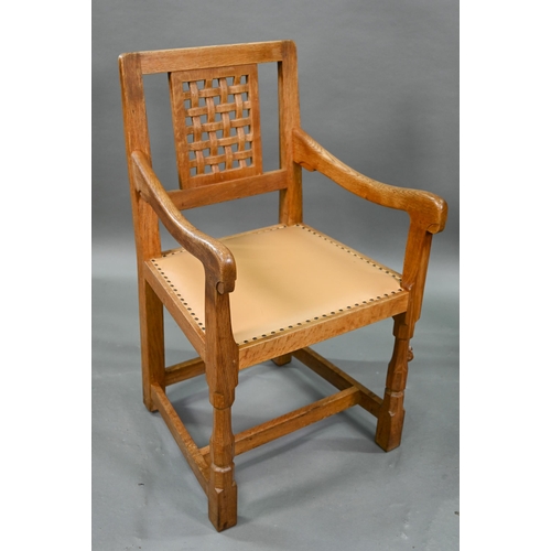 912 - The workshop of Robert Thompson (Kilburn) a companion pair of 'Mouseman' oak carver chairs with latt... 