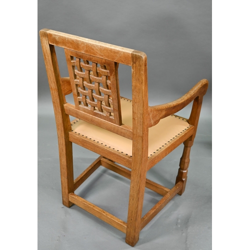 912 - The workshop of Robert Thompson (Kilburn) a companion pair of 'Mouseman' oak carver chairs with latt... 