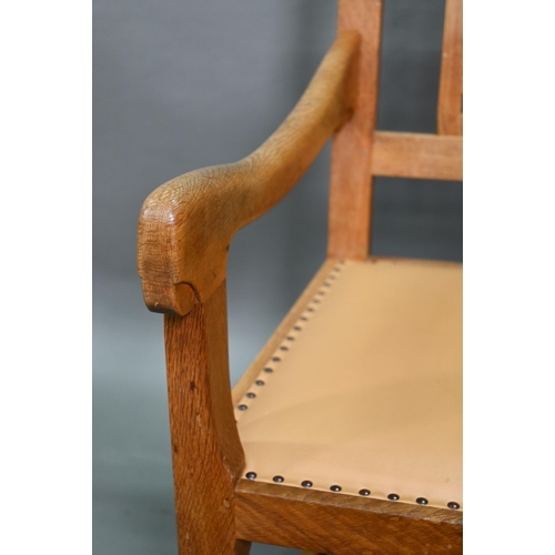 912 - The workshop of Robert Thompson (Kilburn) a companion pair of 'Mouseman' oak carver chairs with latt... 