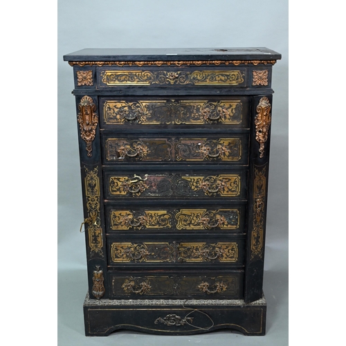 915 - A 19th century French brass mounted and inlaid ebonised semainiere chest of seven drawers (Wellingto... 