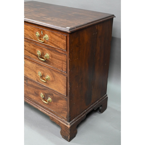 923 - A George III mahogany chest four long graduated drawers, with brass swan-neck fittings, raised on sh... 