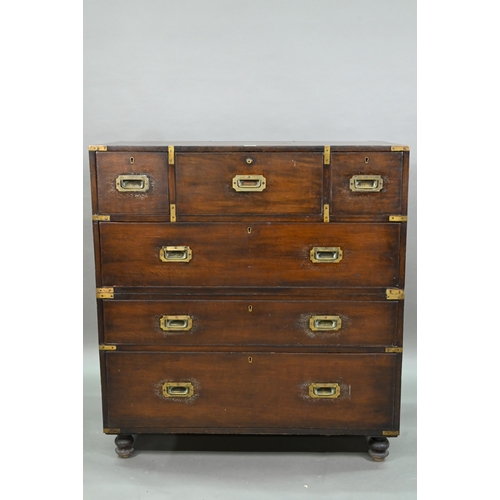 924 - A Victorian brass bound teak campaign secretaire chest, in two parts, centred by a fitted fall front... 