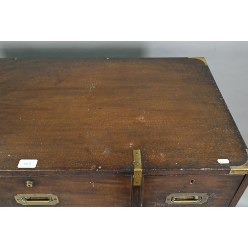 924 - A Victorian brass bound teak campaign secretaire chest, in two parts, centred by a fitted fall front... 