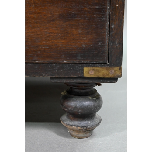 924 - A Victorian brass bound teak campaign secretaire chest, in two parts, centred by a fitted fall front... 