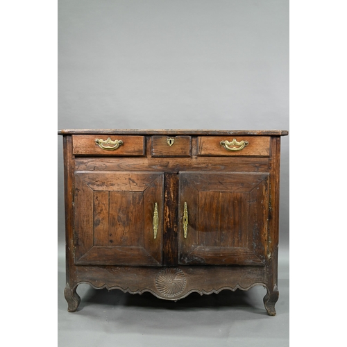 928 - An antique provincial French oak cupboard, Normandy, with three drawers over a pair of mitre framed ... 