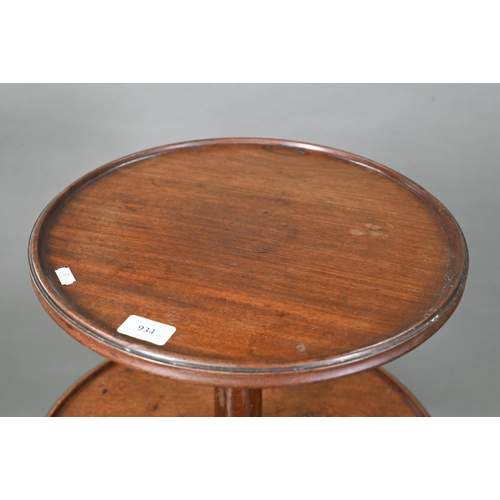 934 - A Victorian mahogany dumb waiter, the graduated three circular tiers raised on a tripod base to bras... 