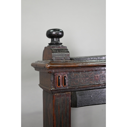 946 - An antique oak, walnut and marquetry book press, with two frieze drawers, raised on four bulbous sup... 