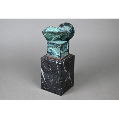 954 - A green-patinated bronze abstract sculpture of geometric shapes (cube, sphere and pyramid), 9.5 cm h... 