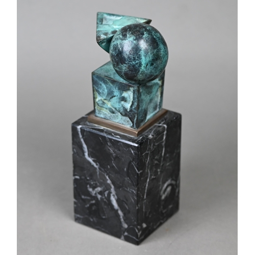 954 - A green-patinated bronze abstract sculpture of geometric shapes (cube, sphere and pyramid), 9.5 cm h... 