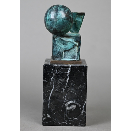 954 - A green-patinated bronze abstract sculpture of geometric shapes (cube, sphere and pyramid), 9.5 cm h... 