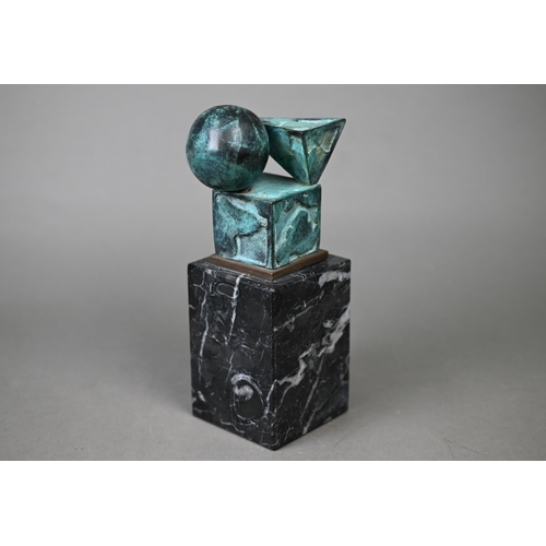 954 - A green-patinated bronze abstract sculpture of geometric shapes (cube, sphere and pyramid), 9.5 cm h... 