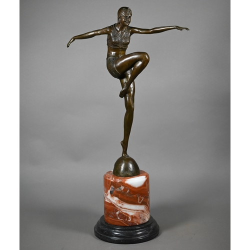 957 - A brown-patinated bronzed figure of an Art Deco dancing girl, after J Philipp, on marble plinth, imp... 