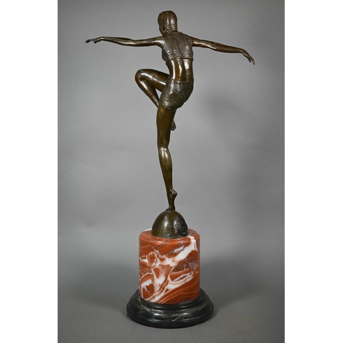 957 - A brown-patinated bronzed figure of an Art Deco dancing girl, after J Philipp, on marble plinth, imp... 