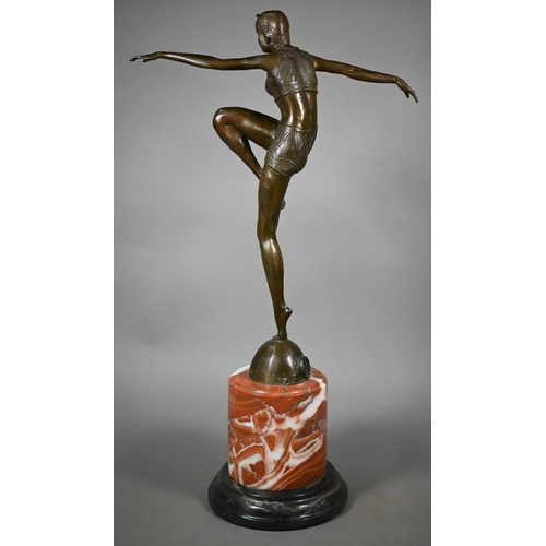 957 - A brown-patinated bronzed figure of an Art Deco dancing girl, after J Philipp, on marble plinth, imp... 