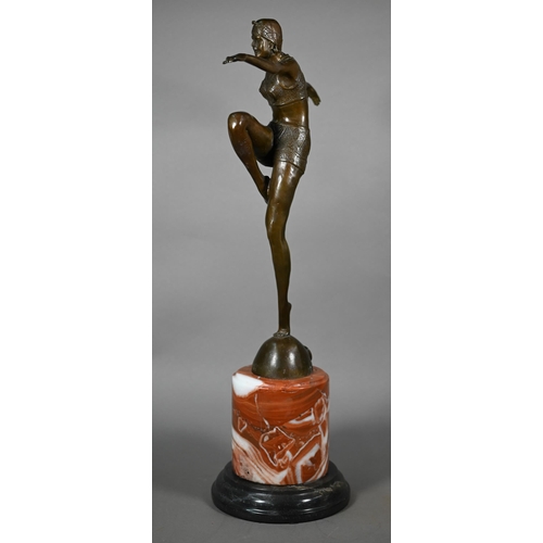 957 - A brown-patinated bronzed figure of an Art Deco dancing girl, after J Philipp, on marble plinth, imp... 