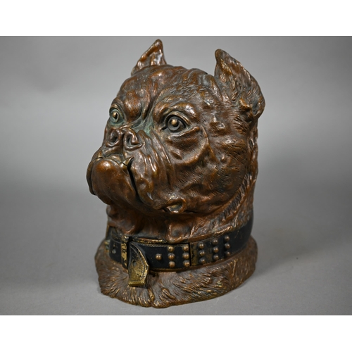 An impressive large and heavy bronze tobacco jar, well-modelled and detailed as a bulldog's head, hinged to enclose gilt interior fitted with matchpot, the studded collar concealing a lower drawer, unmarked but probably US, circa 1890, 24.5 cm high
