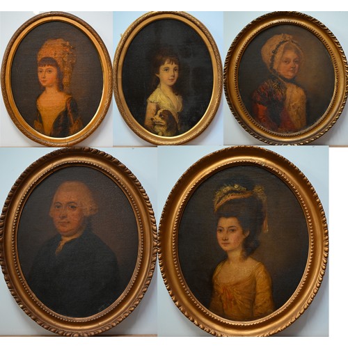 1027 - English school - A family group of five Georgian oval oil on canvas portraits of Hannah Bullock (171... 