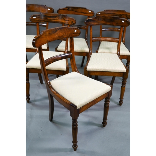 848 - A set of six Victorian hardwood dining side chairs with shaped bar backs over fabric seat pads, rais... 