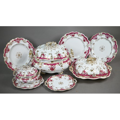 604 - An extensive set of early 19th century china dinnerware (possibly New Hall), decorated with puce, pi...