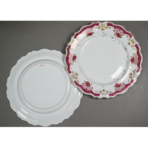 604 - An extensive set of early 19th century china dinnerware (possibly New Hall), decorated with puce, pi... 