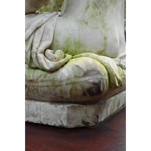 950 - Emil Wolff (1802-1879) a carved marble sculpture 'Psyche Abandoned', seated on a cushion, signed E W... 