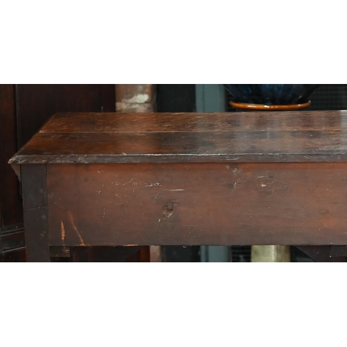 925 - An antique oak low dresser with three double moulded front drawers over a triple arched apron, raise... 