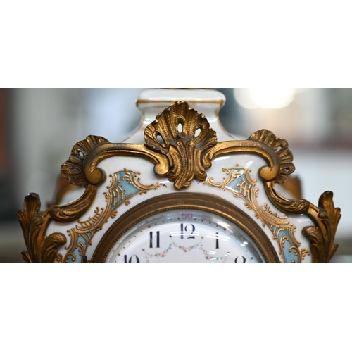 776 - A French gilt metal mounted enamel panelled glazed porcelain rococo style clock, the twin drum 8-day... 