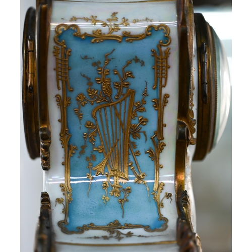 776 - A French gilt metal mounted enamel panelled glazed porcelain rococo style clock, the twin drum 8-day... 