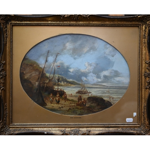 326 - Manner of Shayer - Coastal view with figures on foreshore, oil on board, 29 x 39 cm