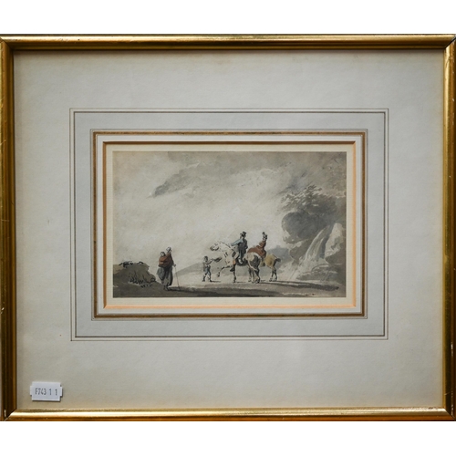 329 - Peter La Cave (c 1769-1816) - Riders asking the way, watercolour, signed lower left, 11 x 17.5 cmLoo... 