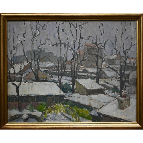 330 - Sharon D'Obremer - Snow covered village, oil on board, signed lower centre, 32 x 40 cm