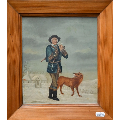 333 - Continental school - Man smoking a pipe, a dog at feet, oil on panel, 23 x 19 cm to/w Naive English ... 