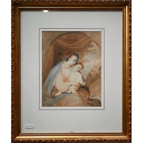 335 - 19th century French school - Madonna and Child with adoring Maji and boar, watercolour, indistinctly... 