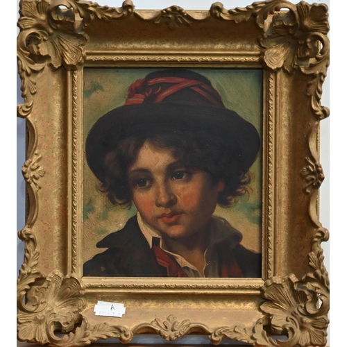 337 - Continental school - Young boy in hat, oil on board, 17 x 14 cm