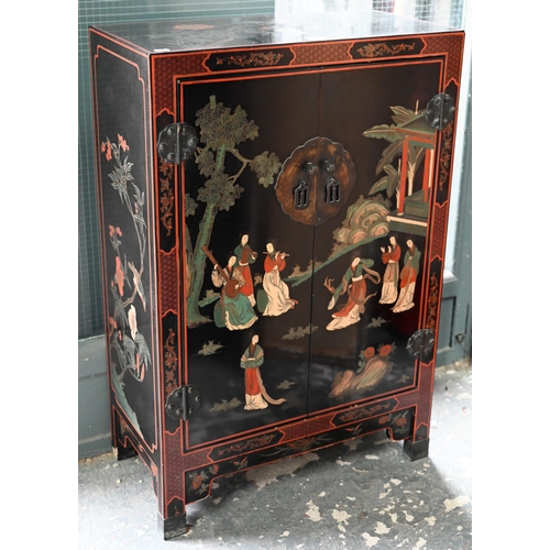 119 - A Japanese black lacquered and polychrome pictorial decorated cabinet, 62 cm x 31 cm x 92 cm h, lock... 