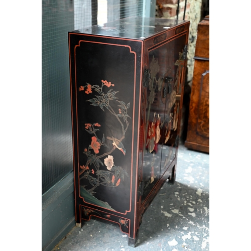 119 - A Japanese black lacquered and polychrome pictorial decorated cabinet, 62 cm x 31 cm x 92 cm h, lock... 