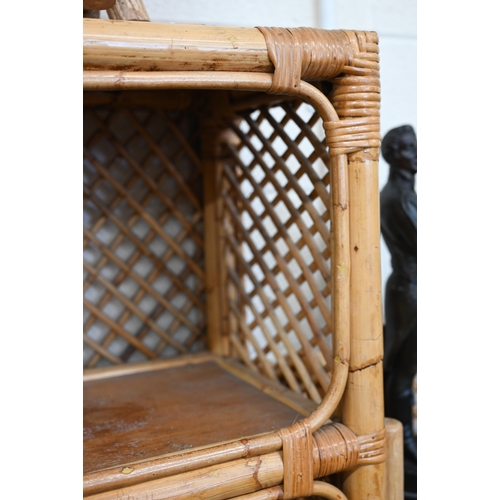 134 - A bamboo and rattan open bookcase 120 x 40 x 152 cm high to/w a pair of similar smaller examples, 70... 