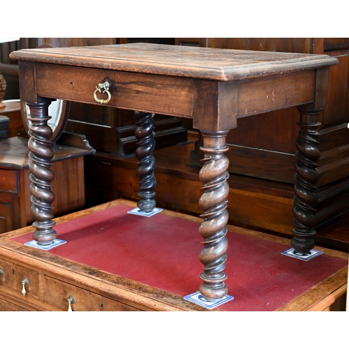 146 - An antique oak side table with frieze drawer and barleytwist supports, 78 x 54 x 58 cm high