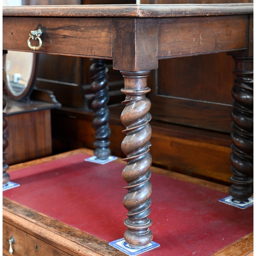 146 - An antique oak side table with frieze drawer and barleytwist supports, 78 x 54 x 58 cm high