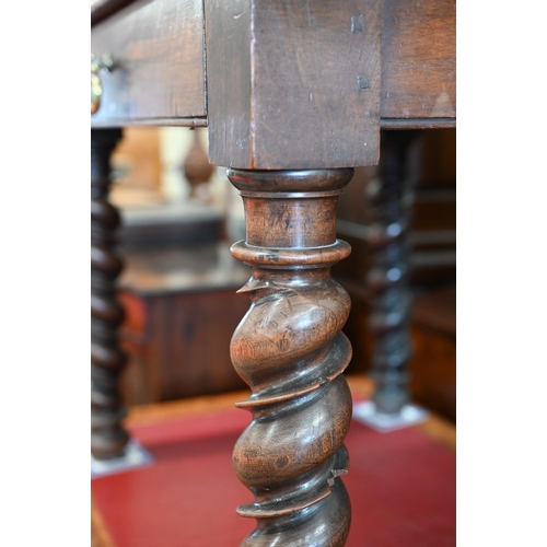 146 - An antique oak side table with frieze drawer and barleytwist supports, 78 x 54 x 58 cm high