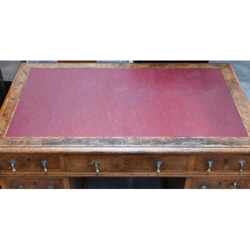 147 - A Victorian burr-walnut twin-pedestal desk with red leather top over nine drawers, 108 cm wide x 65 ... 