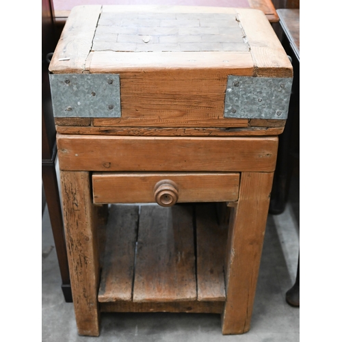 149 - A pine, beech and metal mounted butcher's block on open stand with single drawer, 50 x 40 x 80 cm hi... 