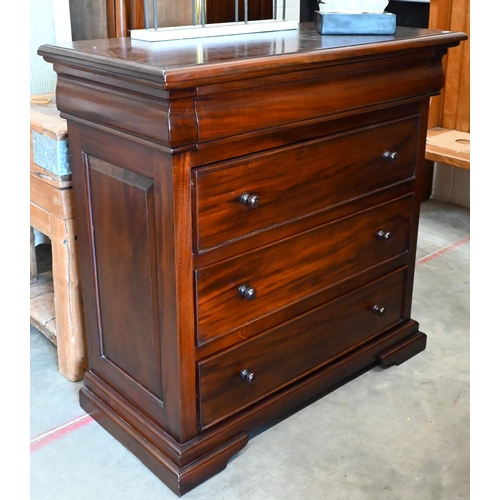 150 - A modern stained hardwood four drawer chest with turned handles and low bracket feet, 106 x 52 x 102... 