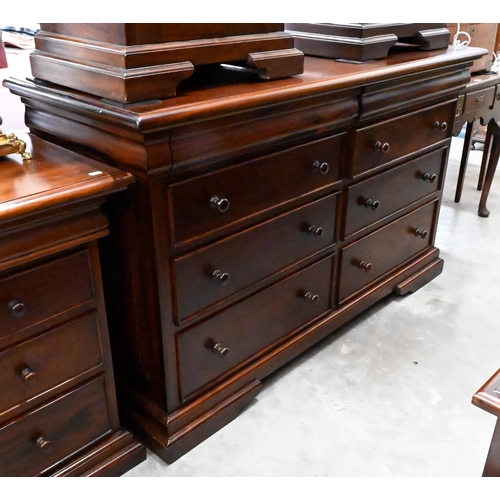 152 - A modern stained hardwood chest with eight drawers, turned handles and low bracket feet, 150 x 55 x ... 