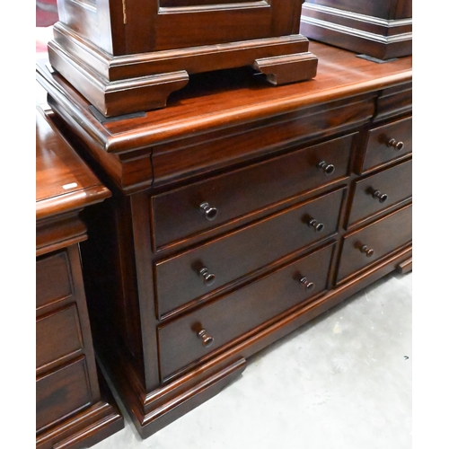 152 - A modern stained hardwood chest with eight drawers, turned handles and low bracket feet, 150 x 55 x ... 